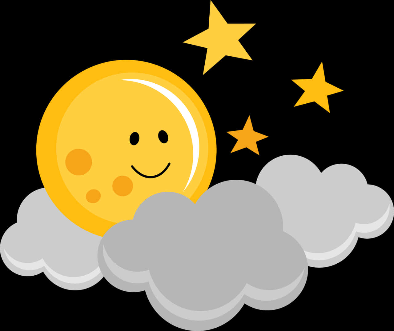 Smiling Moonand Stars Over Clouds PNG