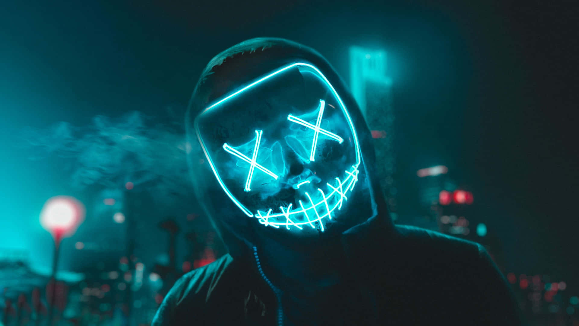 Smiling Neon Light Blue 4k Mask Wallpaper