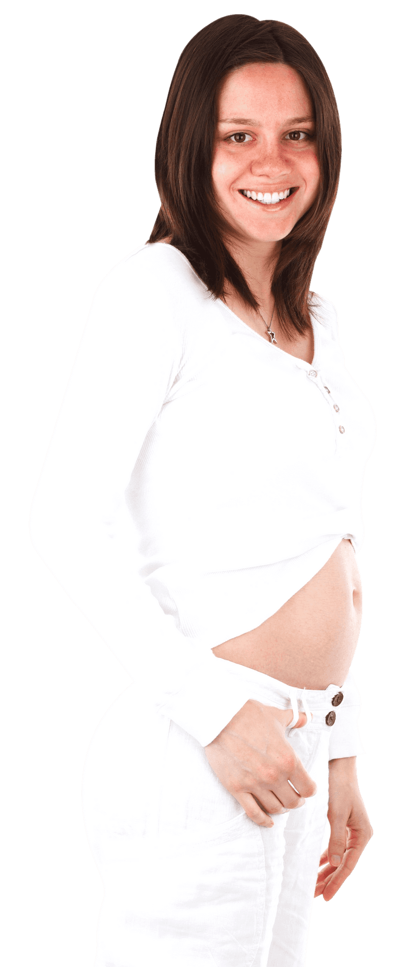 Smiling Pregnant Womanin White Outfit PNG
