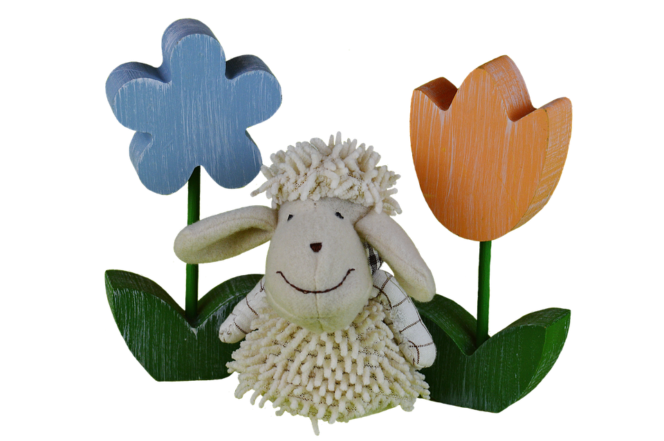Smiling Sheep Between Wooden Flowers PNG