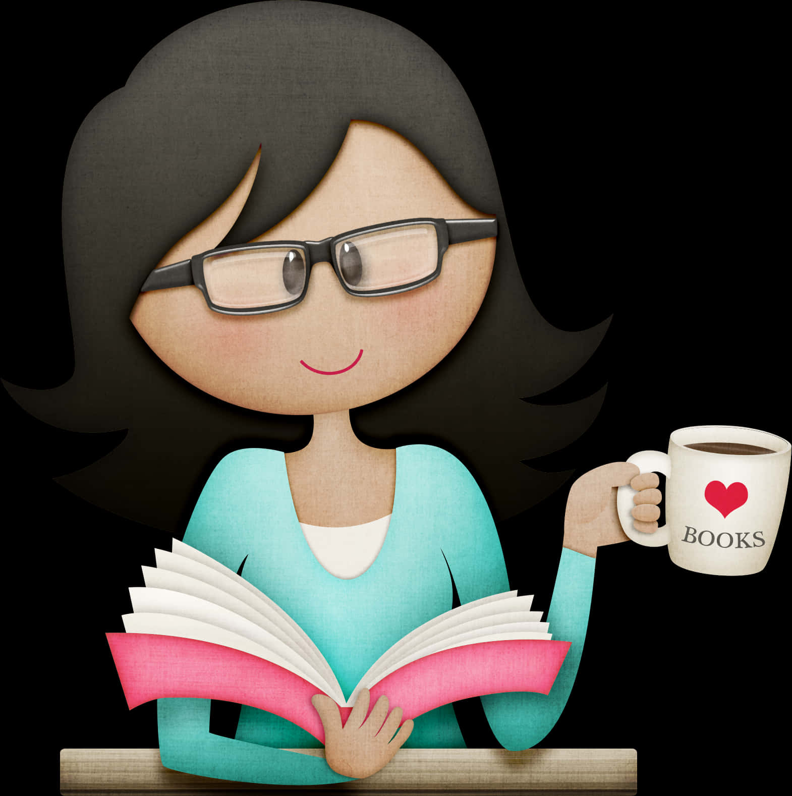 Smiling Teacher Reading Book With Coffee Cup PNG