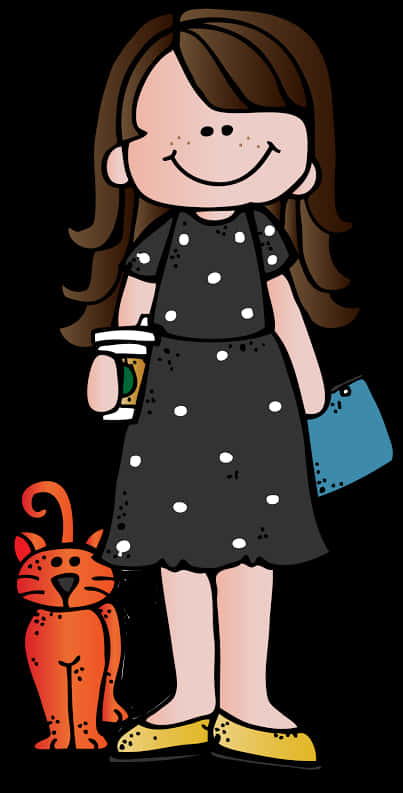 Smiling Teacher With Coffee And Red Cat Clipart PNG