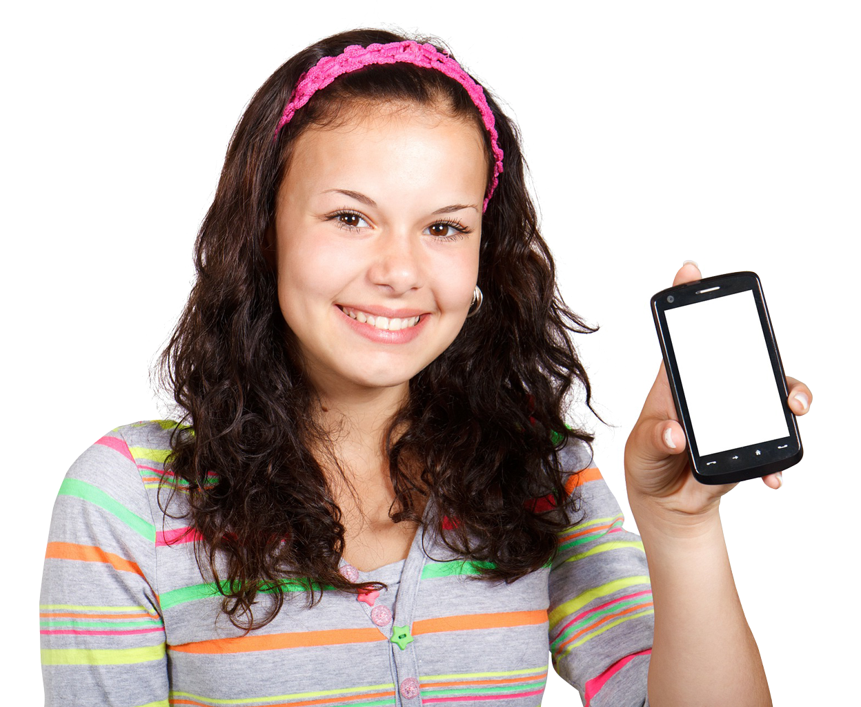 Smiling Teen Girl Holding Smartphone PNG