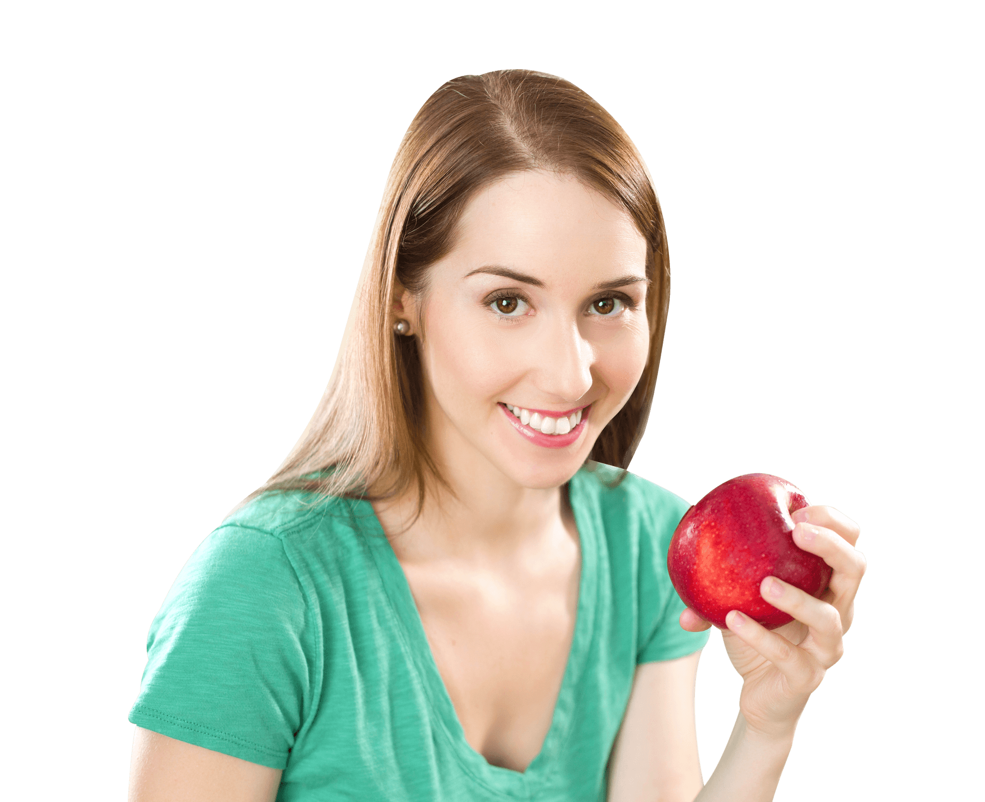 Smiling Woman Holding Apple PNG