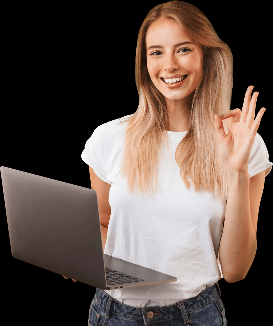 Smiling Woman Holding Laptop O K Sign PNG