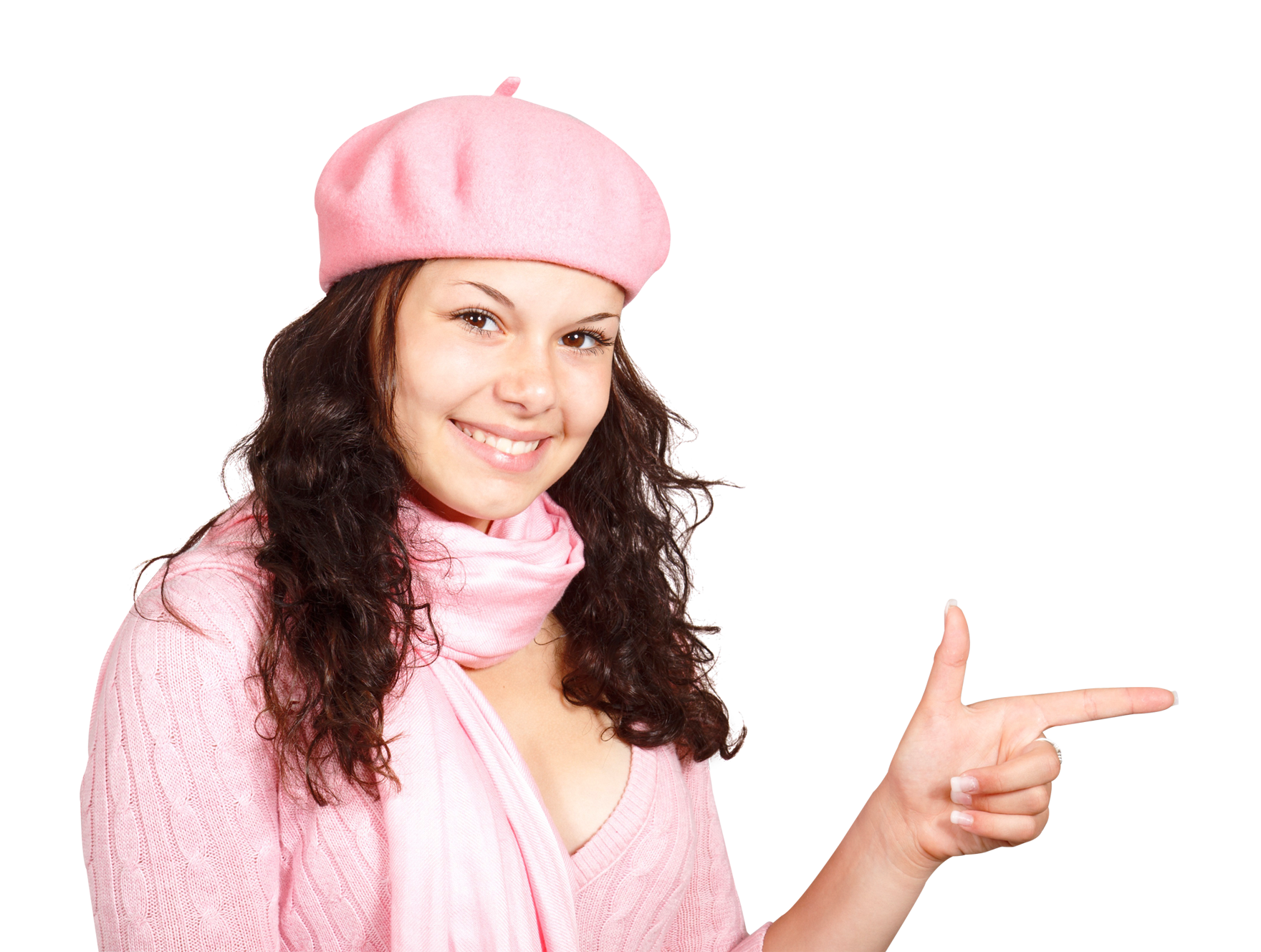 Smiling Woman Pink Beret Pointing PNG
