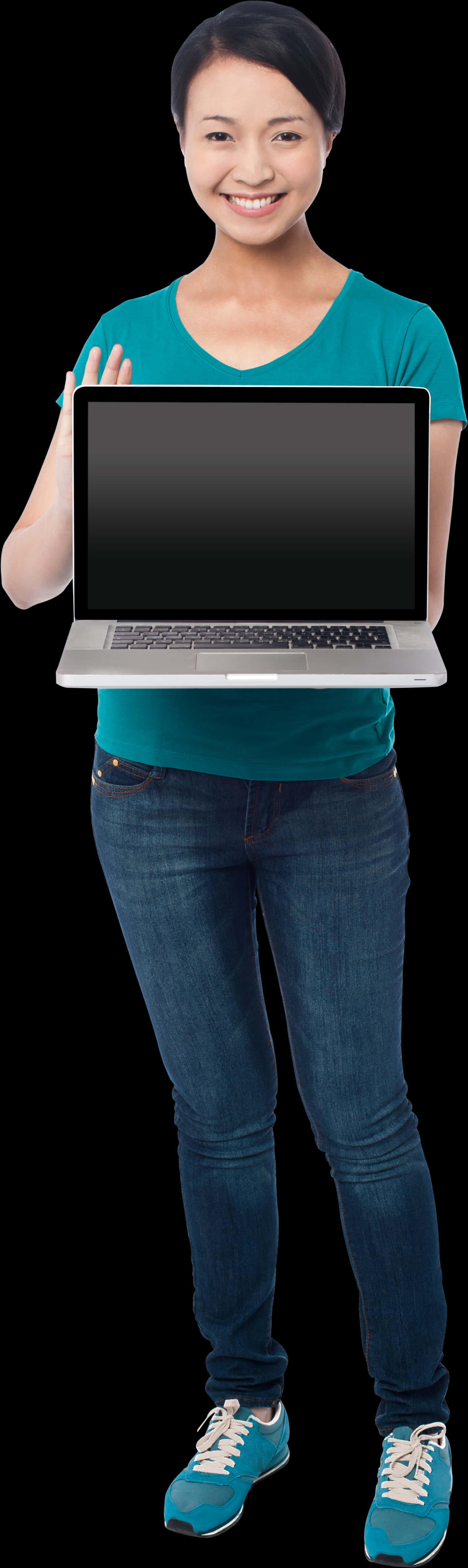 Smiling Woman Presenting Laptop PNG