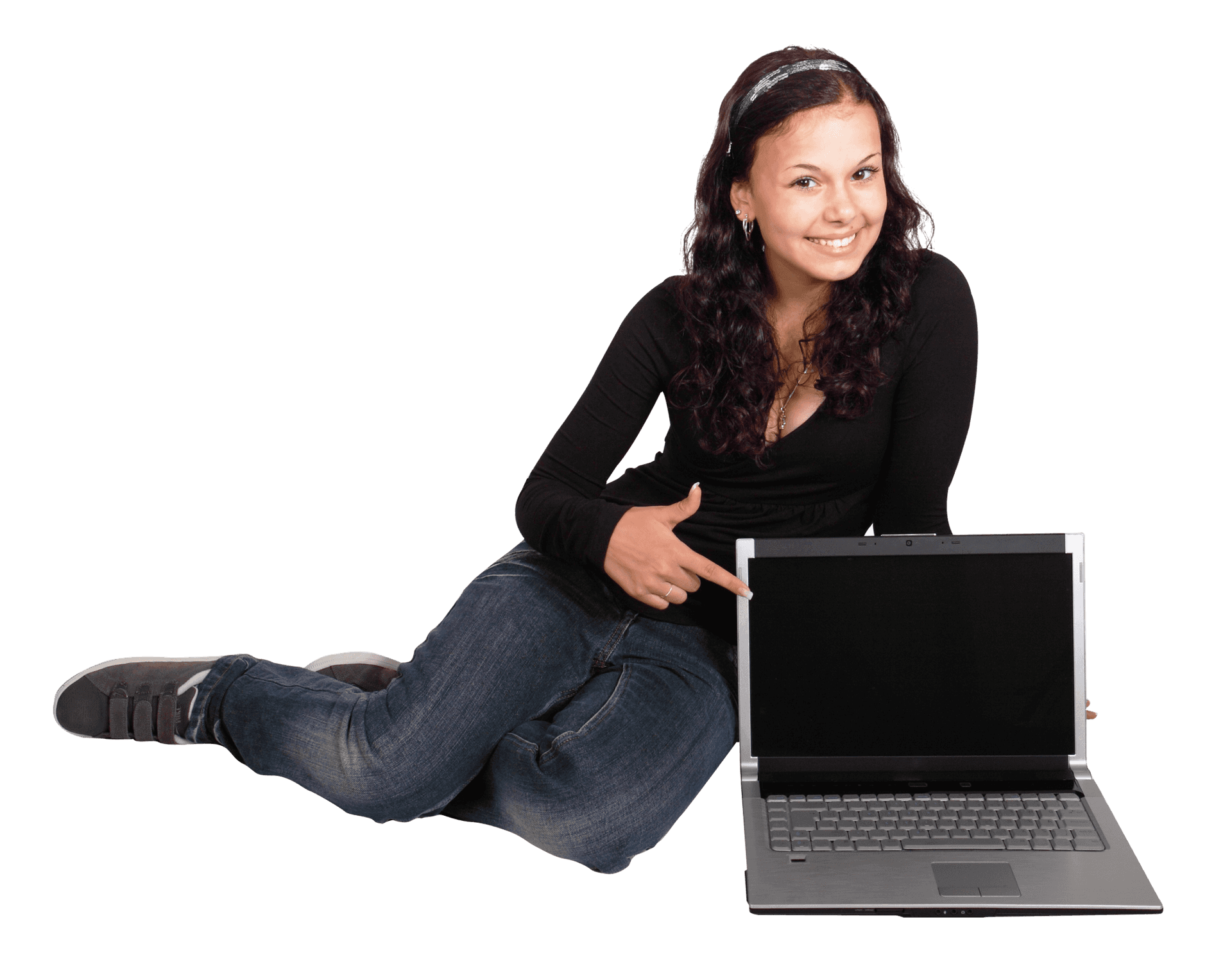 Smiling Woman Presenting Laptop PNG