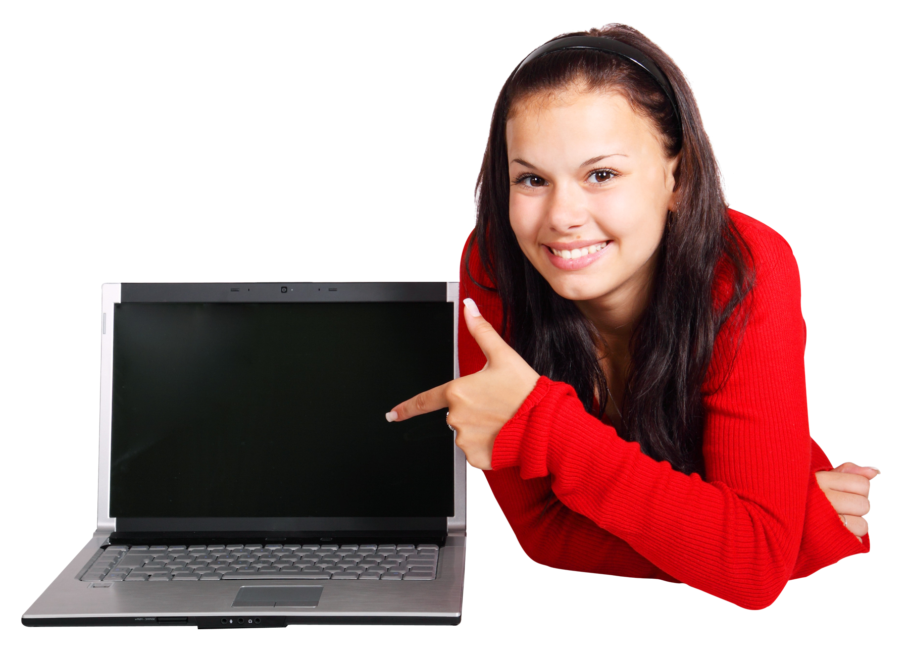 Smiling Woman Presenting Laptop Screen PNG
