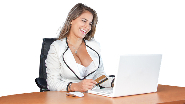 Smiling Woman Shopping Online Office Setting PNG