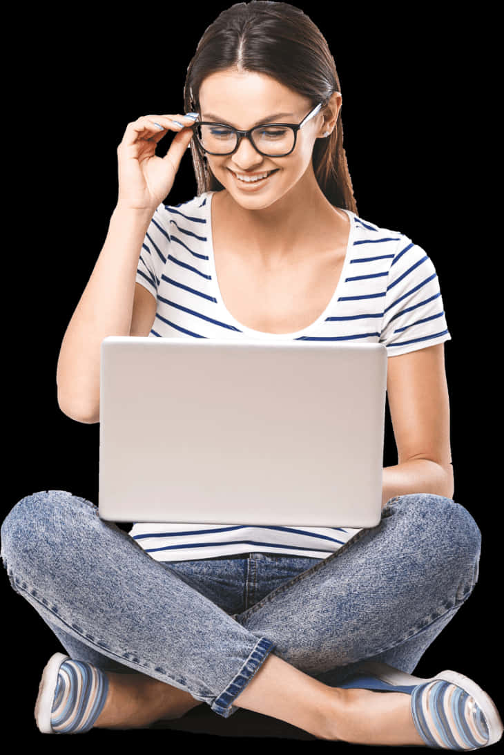 Smiling Woman Using Laptop Crosslegged PNG