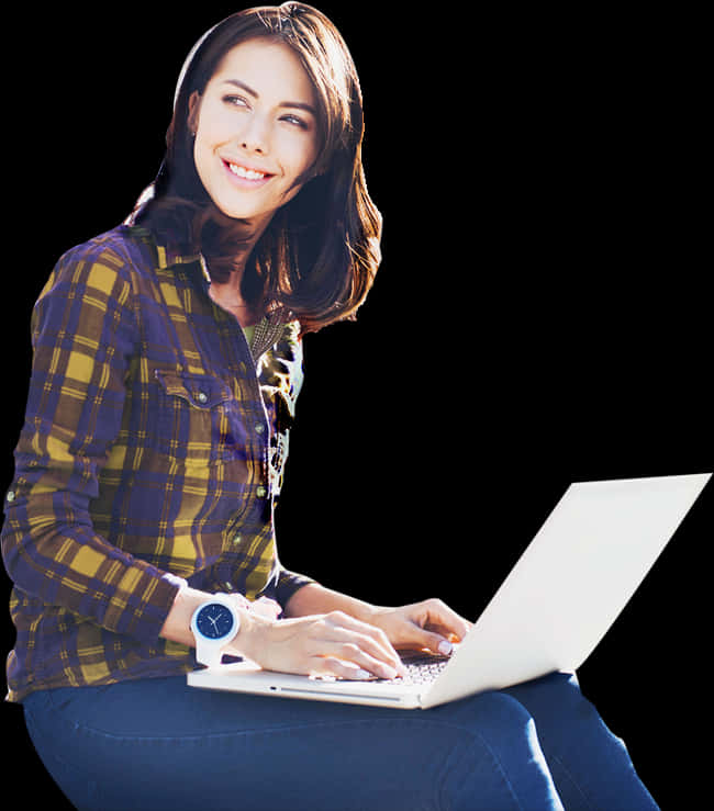 Smiling Woman Using Laptop PNG