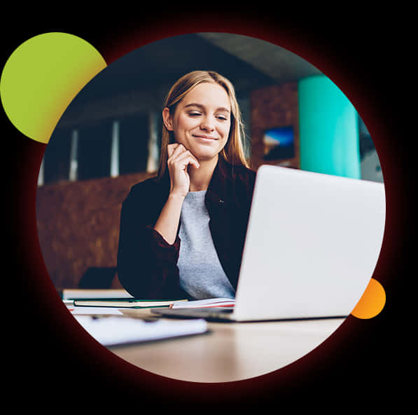 Smiling Woman Using Laptop PNG