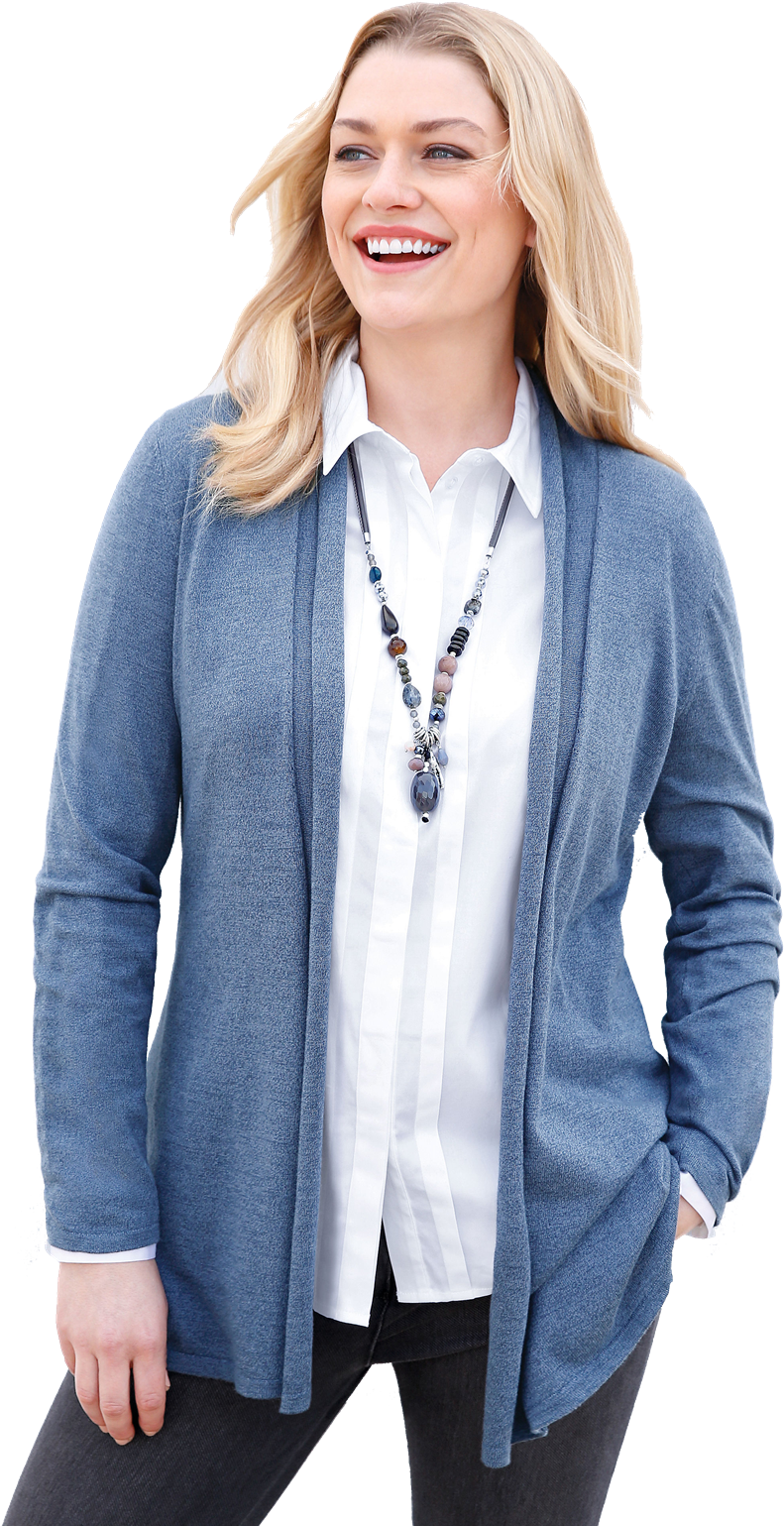 Smiling Womanin Blue Cardiganand White Shirt PNG