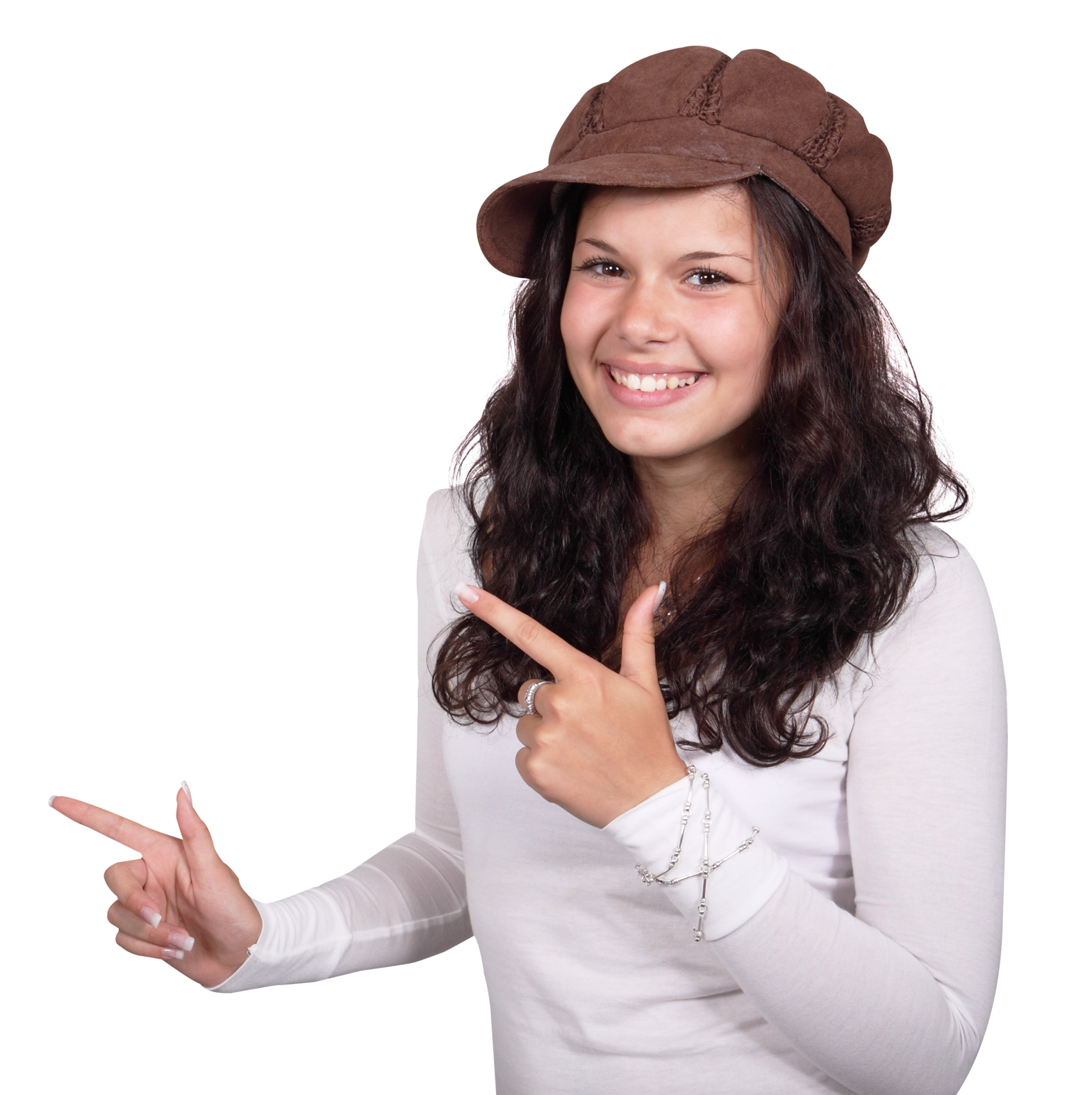 Smiling Womanin Hat Pointing PNG