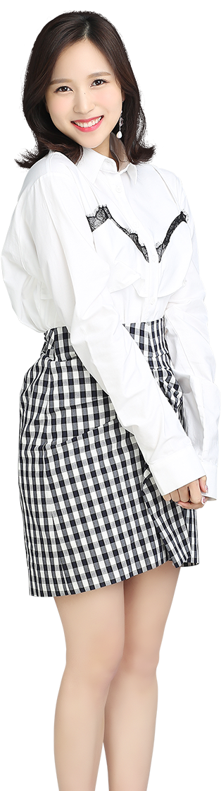 Smiling Womanin White Blouseand Checkered Skirt PNG