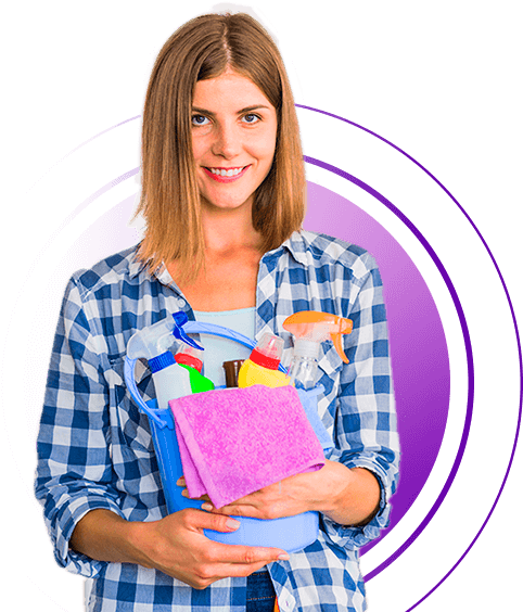 Smiling Womanwith Cleaning Supplies PNG