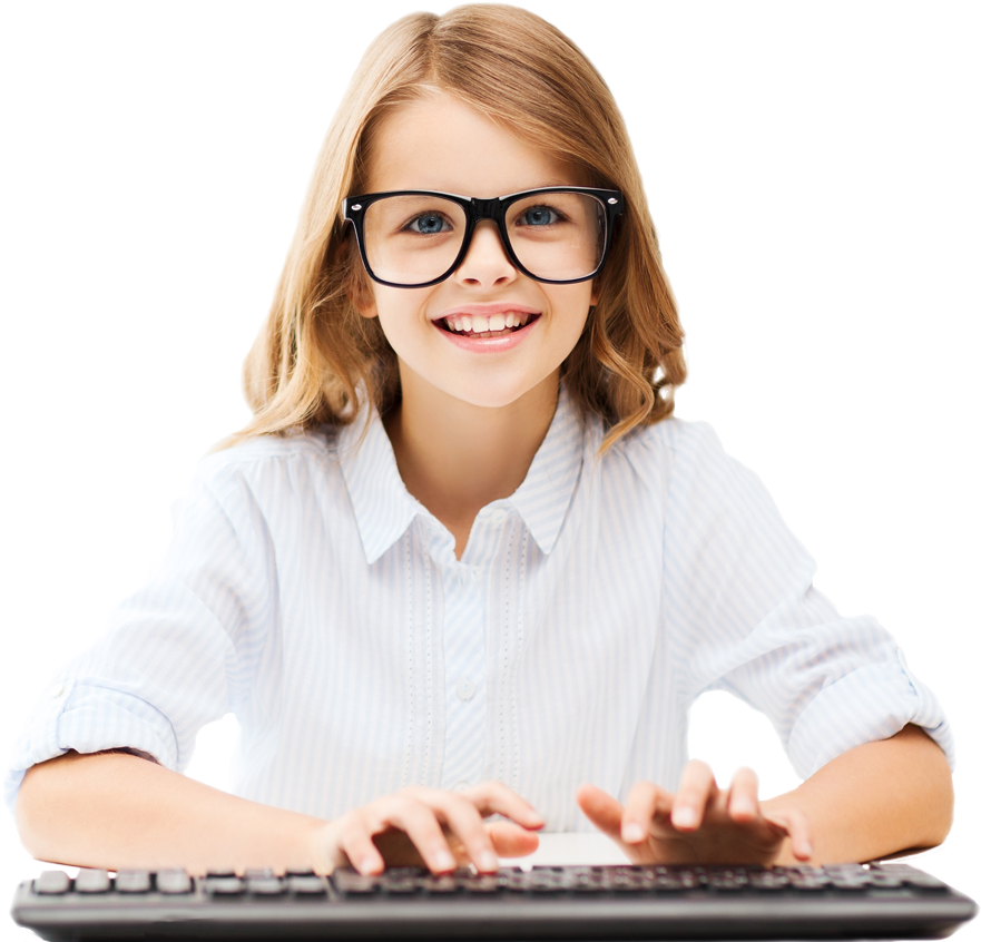 Smiling Young Girl With Glasses Using Keyboard PNG