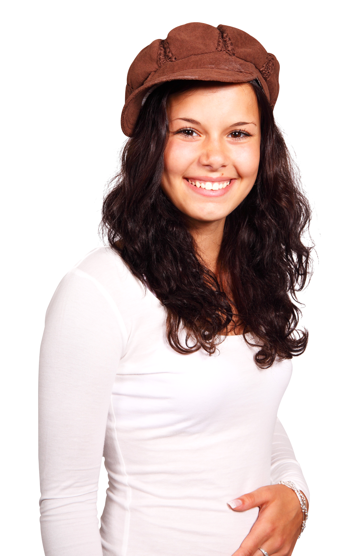 Smiling Young Womanin Brown Cap PNG