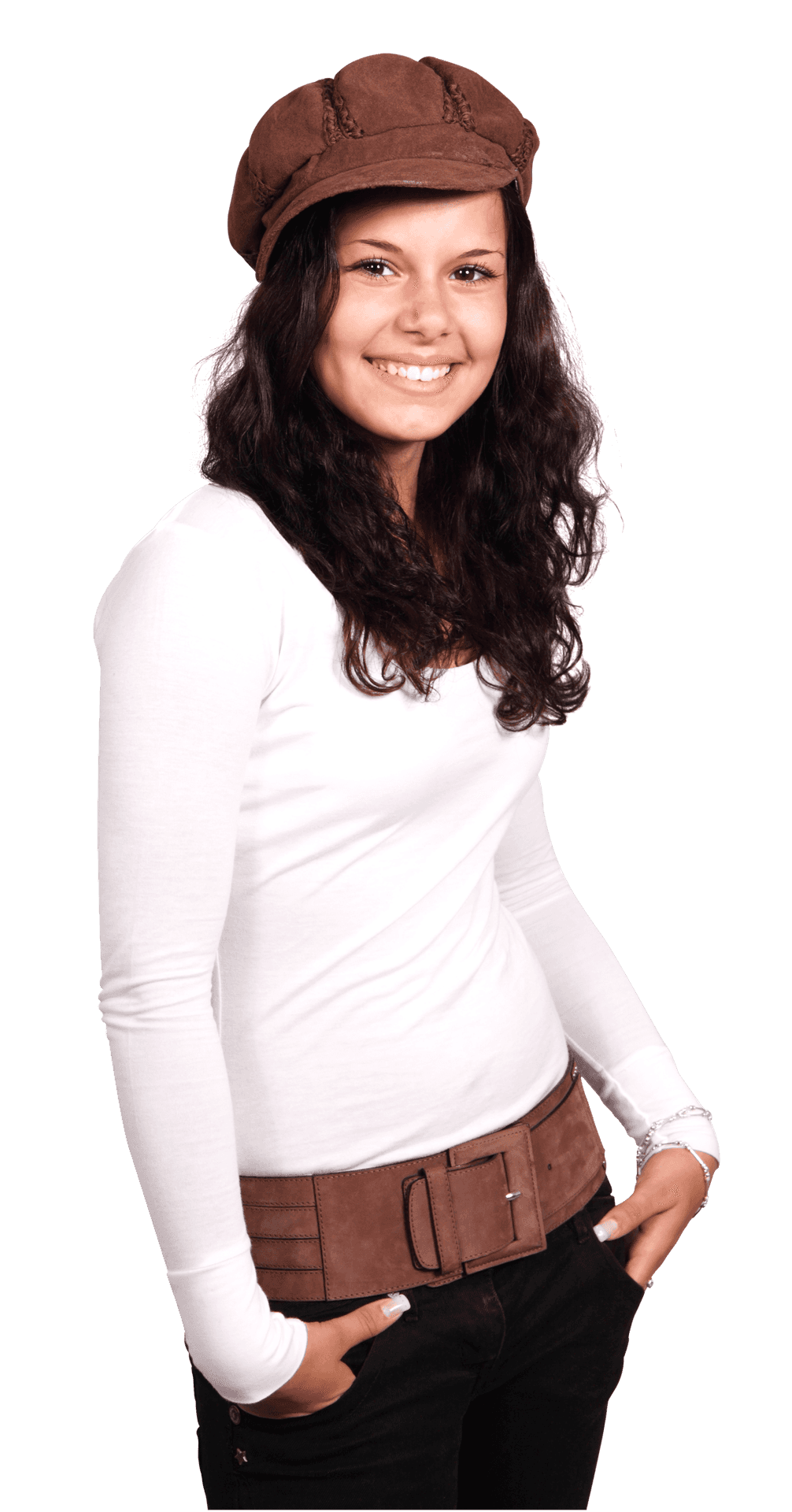 Smiling Young Womanin Capand White Top PNG