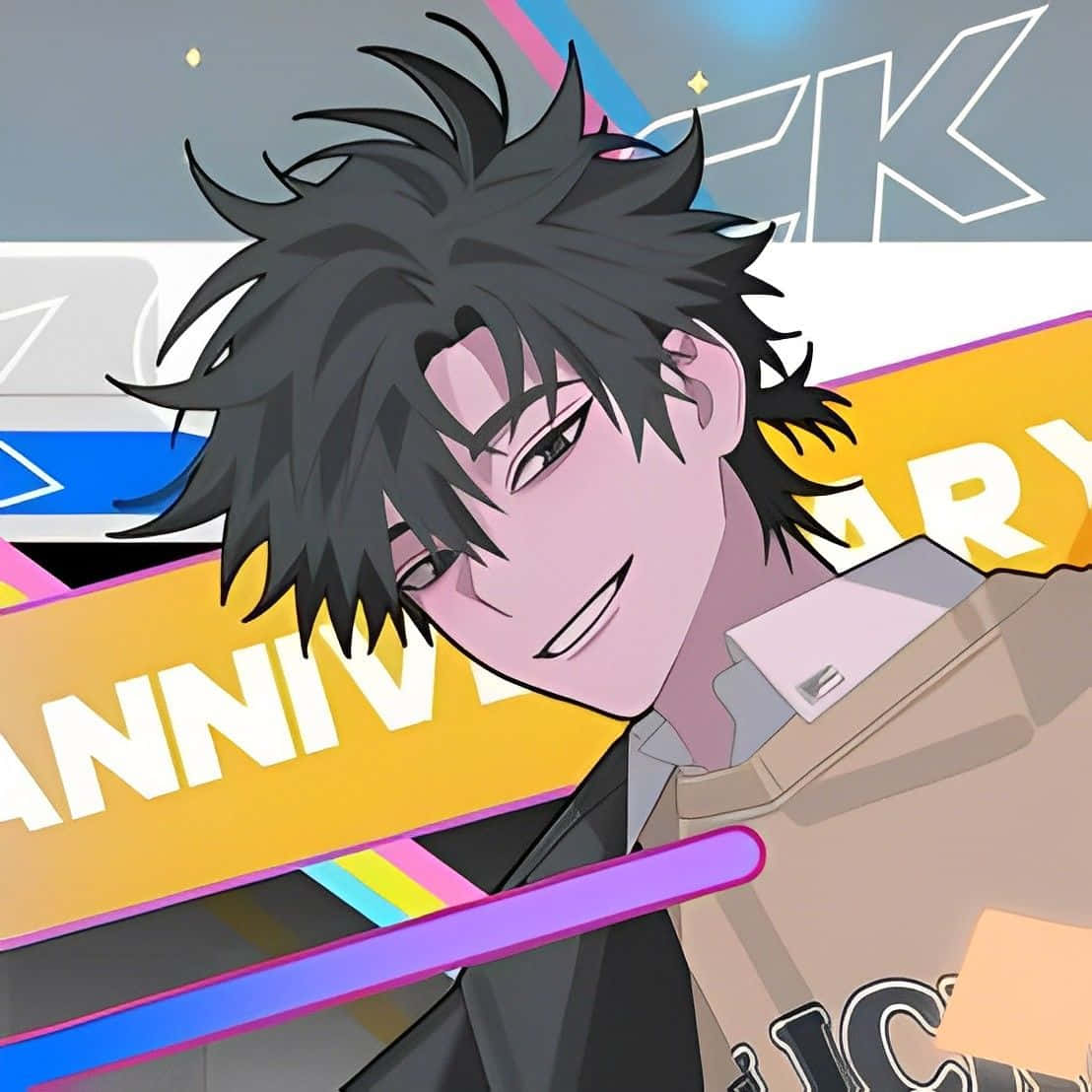 Smirking Anime Character Celebration Wallpaper