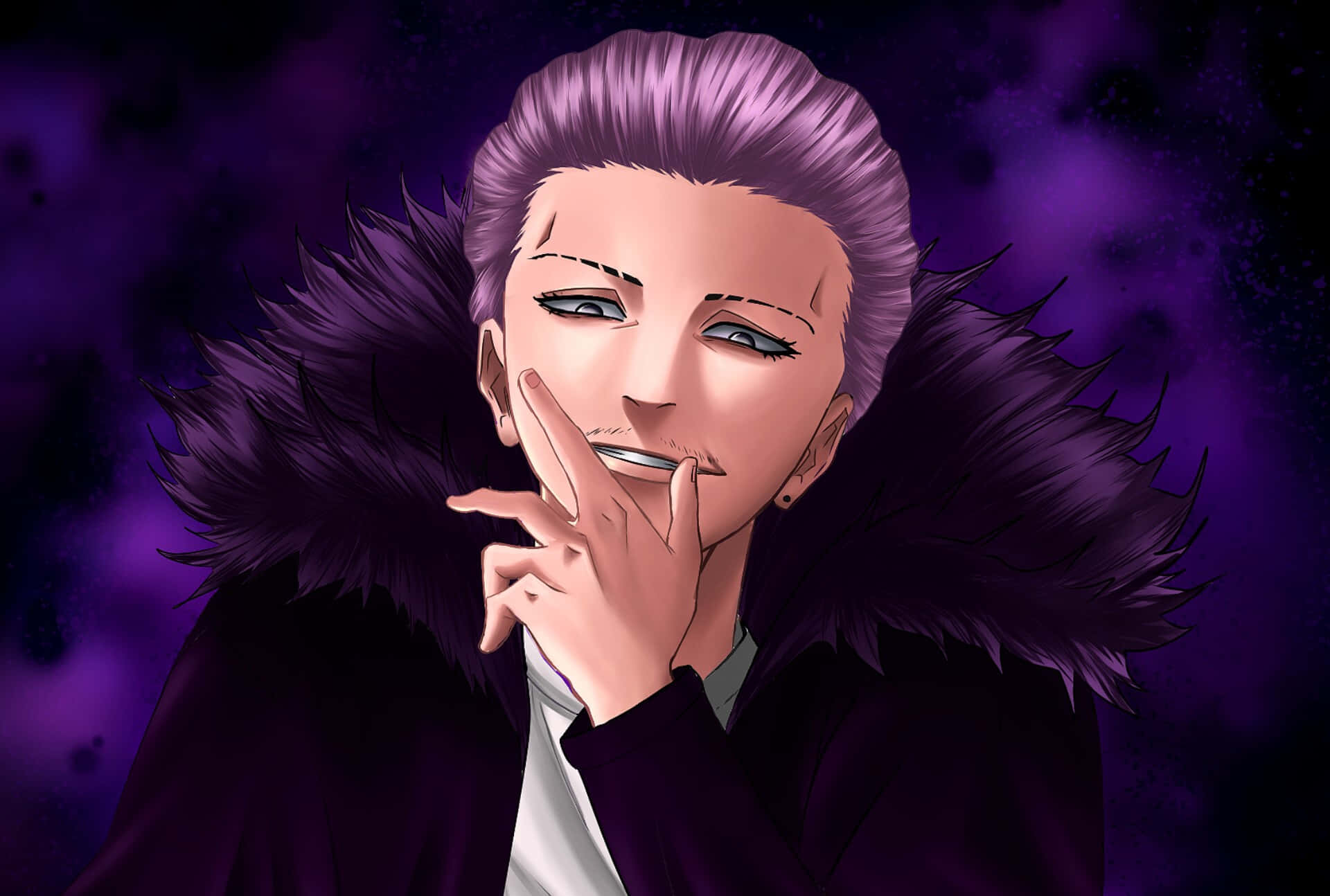 Smirking Anime Character Purple Background Wallpaper