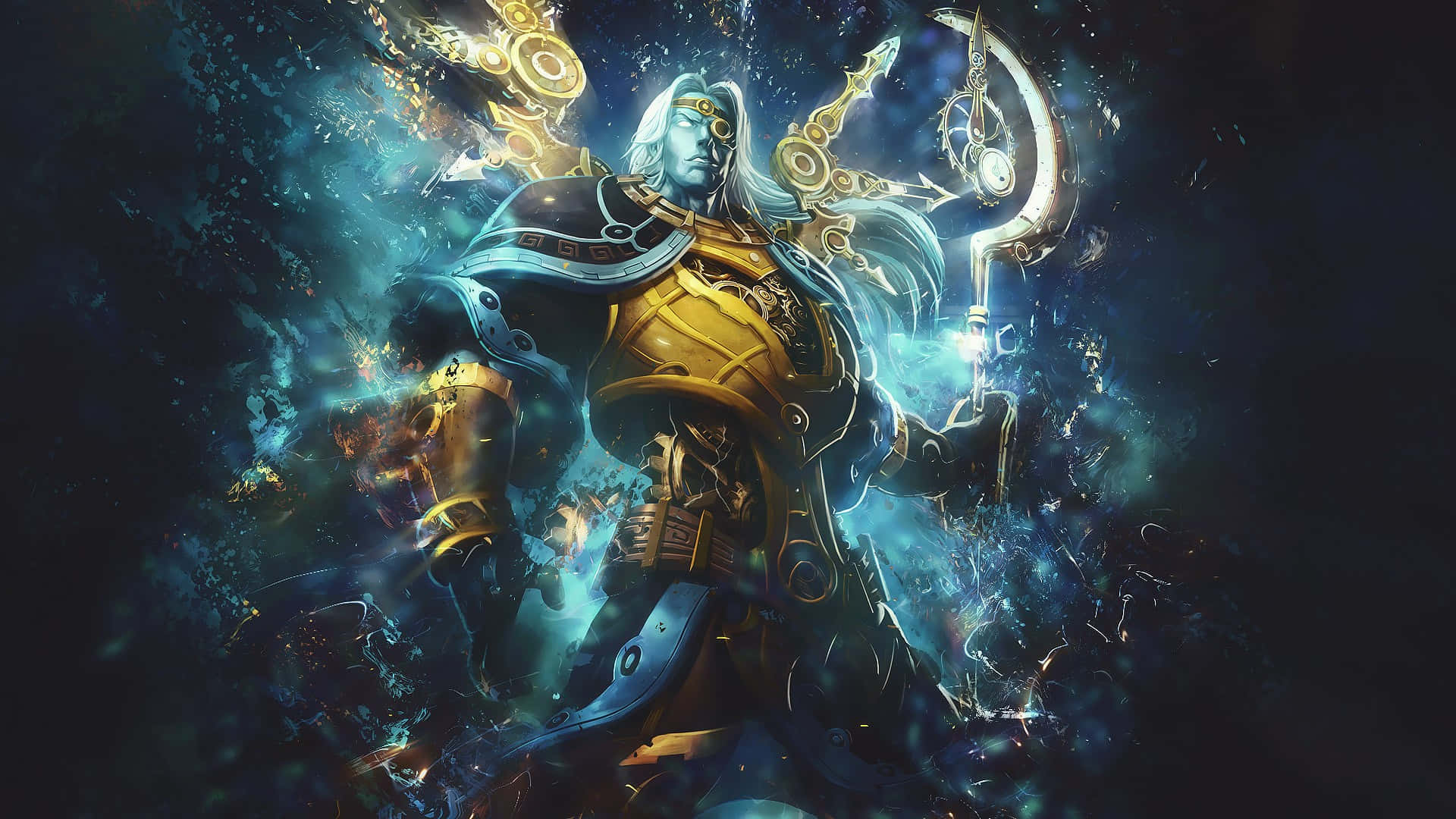 A Blue Man In A Blue Armor Standing In Front Of A Dark Background Wallpaper