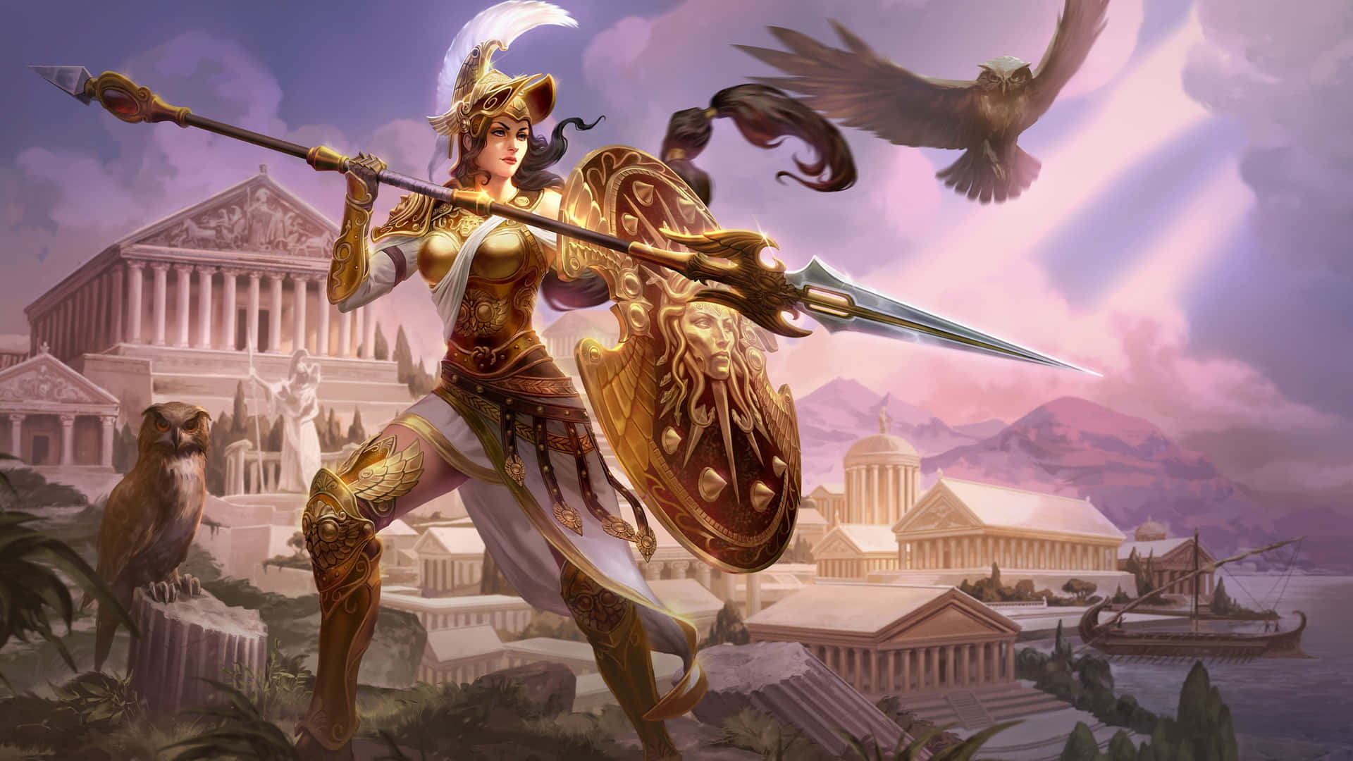 A Woman In Armor With A Sword And A Bird Wallpaper