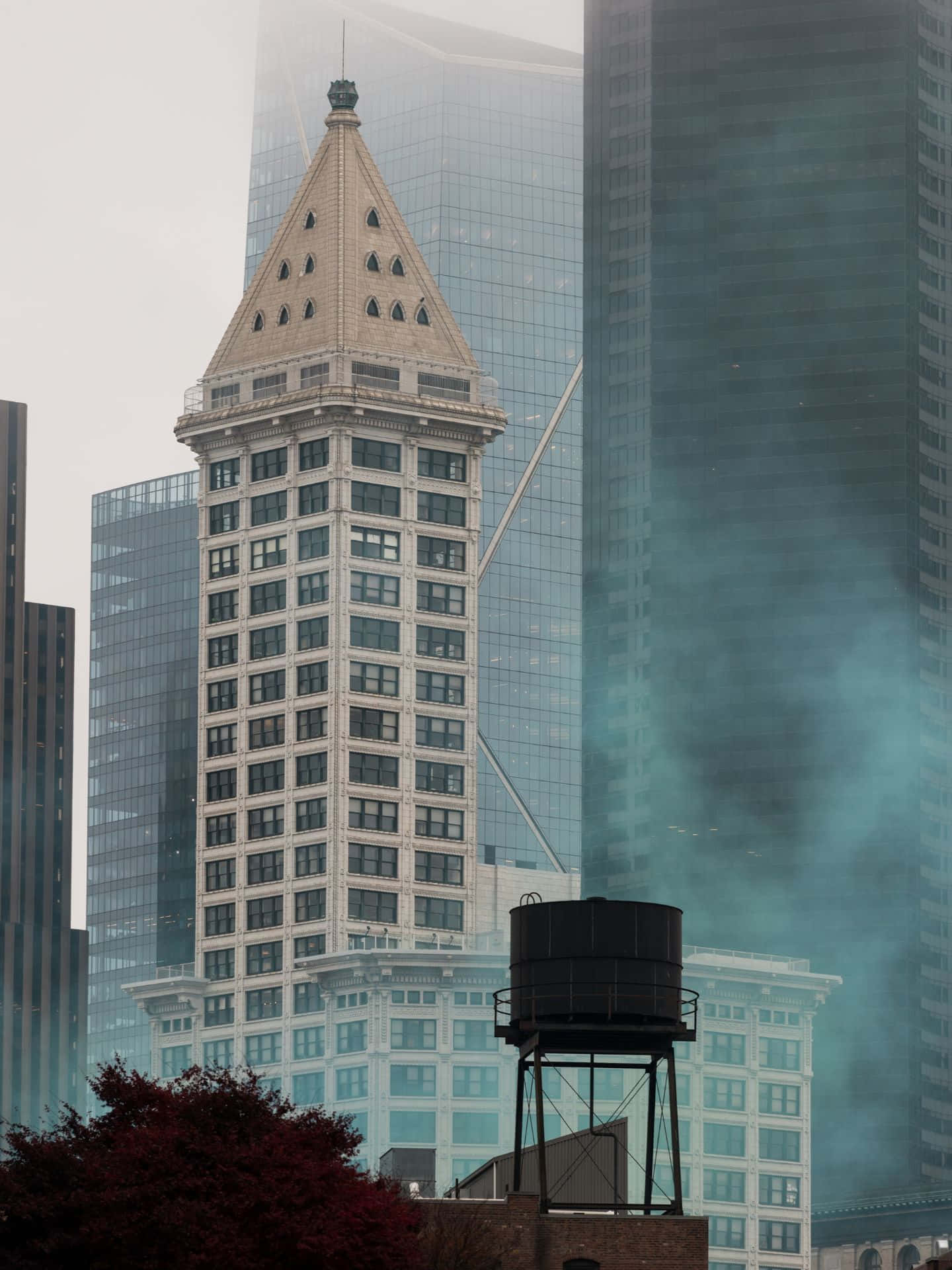 Smith Tower Seattle Sumuisessa Taivaanrannassa Taustakuva