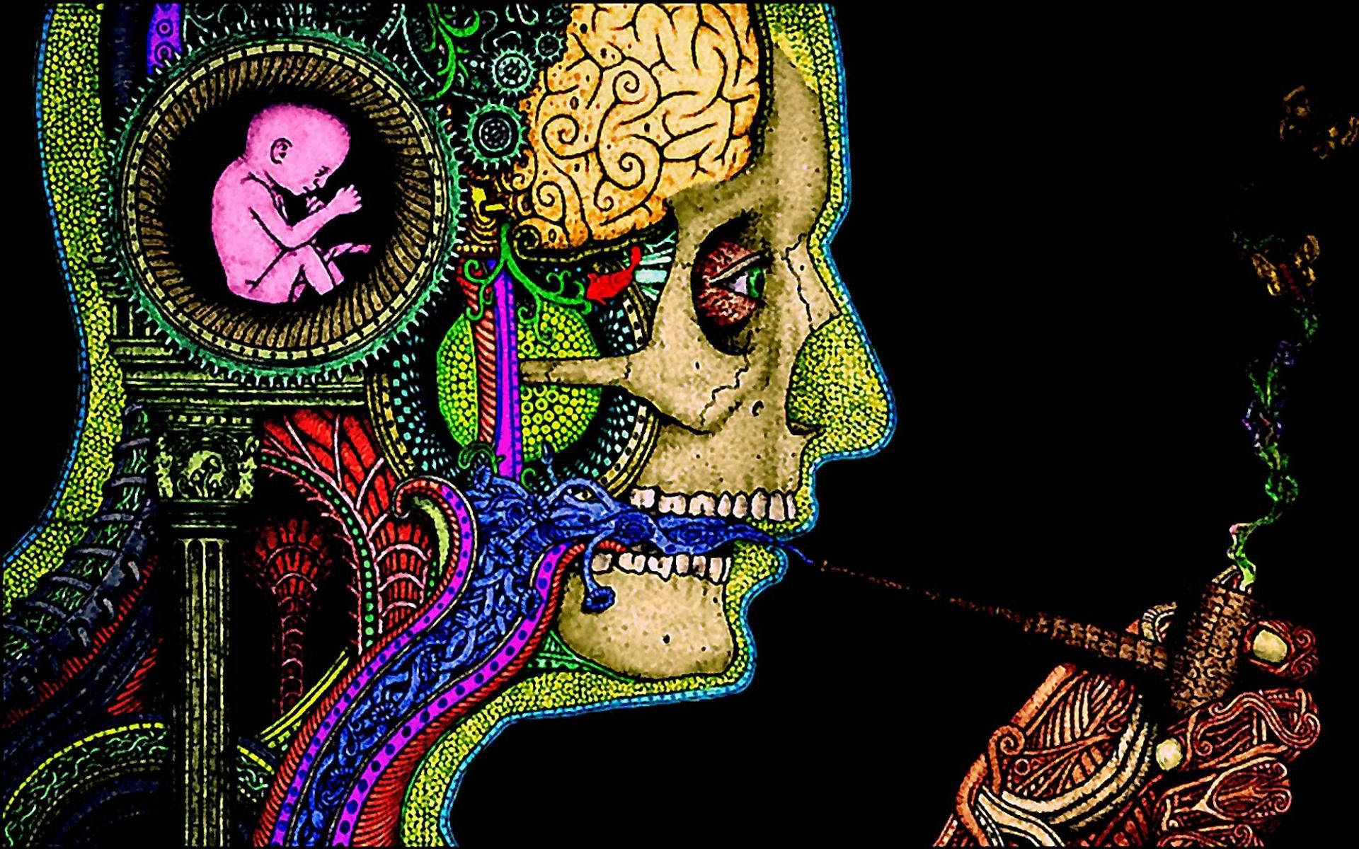 Smoking human head conceptual psychedelic art wallpaper.