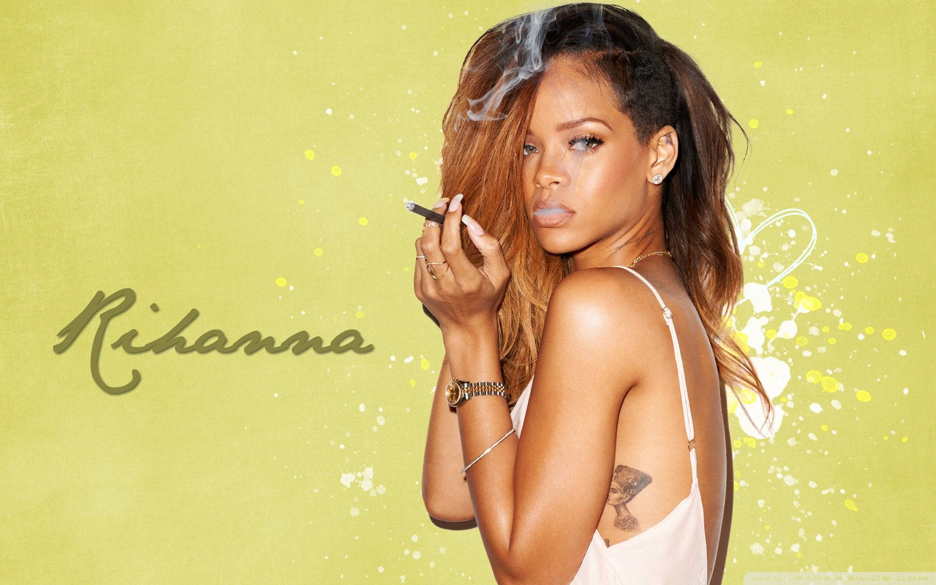 Smoking Rihanna In White Dress Background