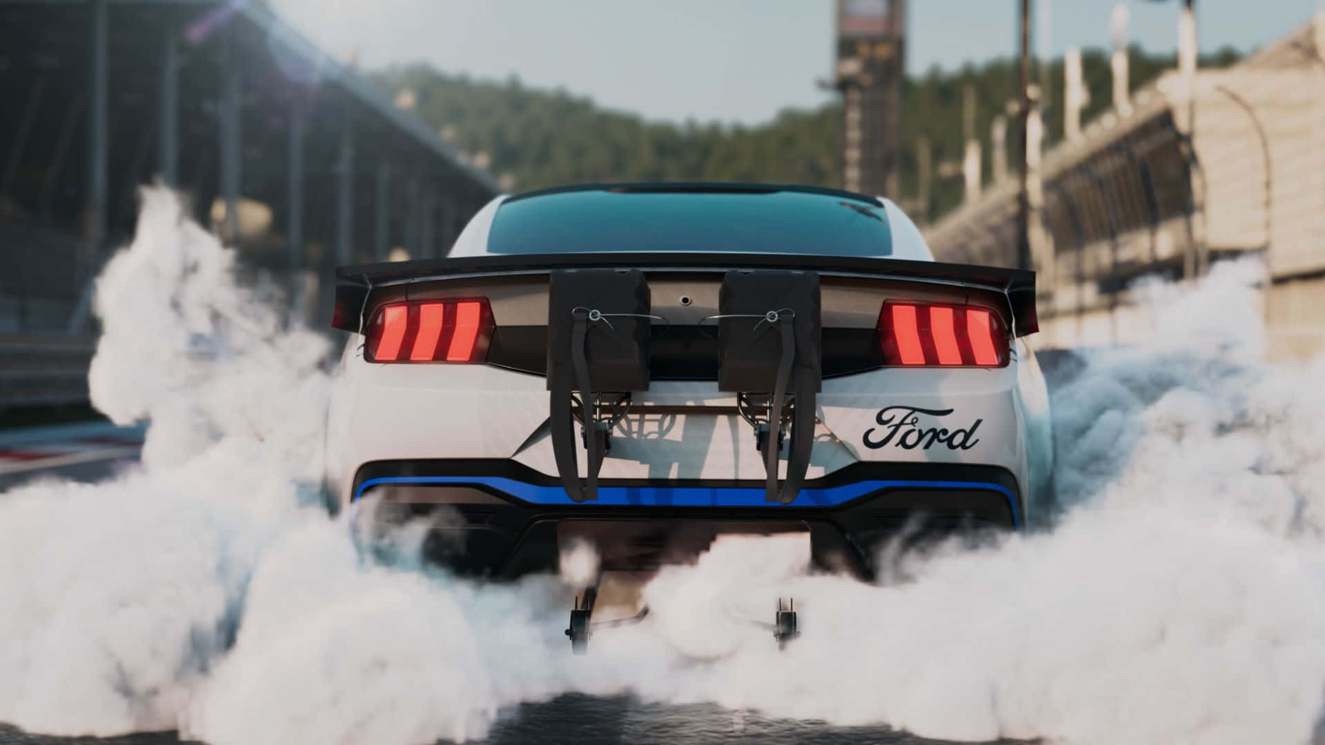 Smoky Ford Mustang Drag Racing Car Wallpaper