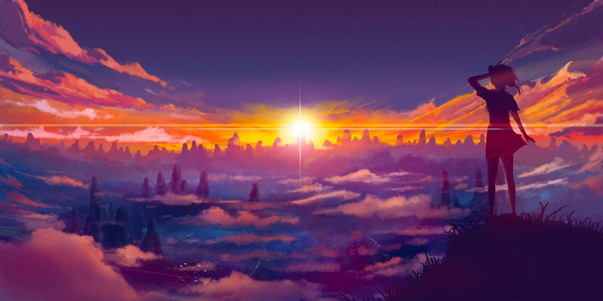 Smuk Natur Anime Æstetisk Solnedgang Wallpaper