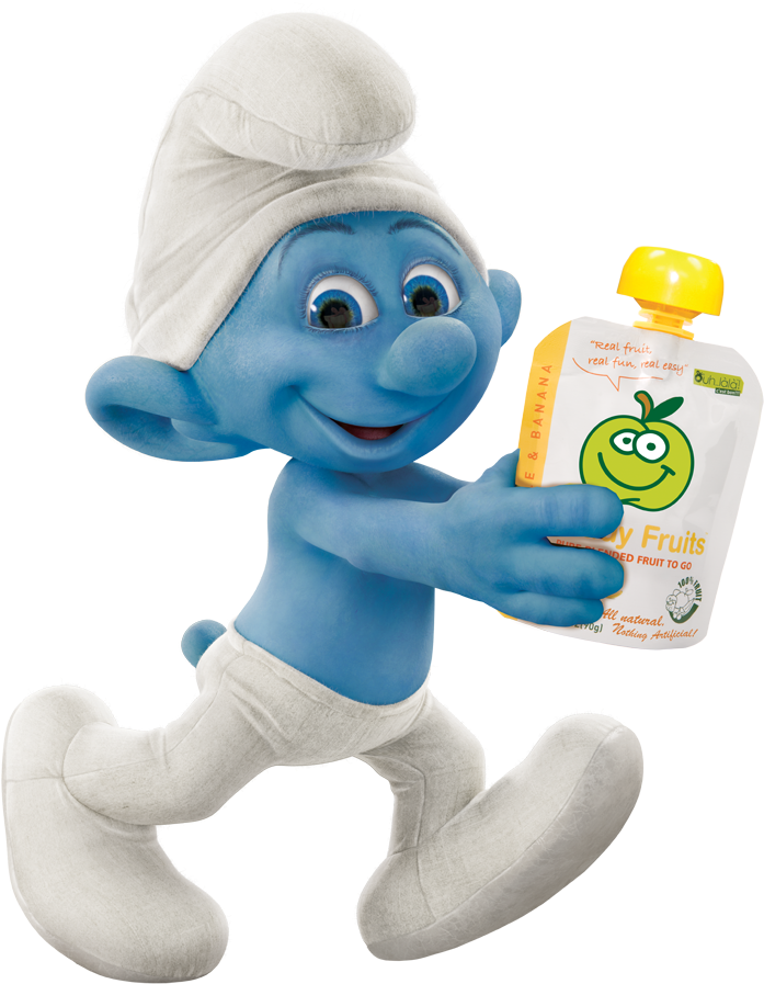 Smurf Holding Fruit Pouch PNG