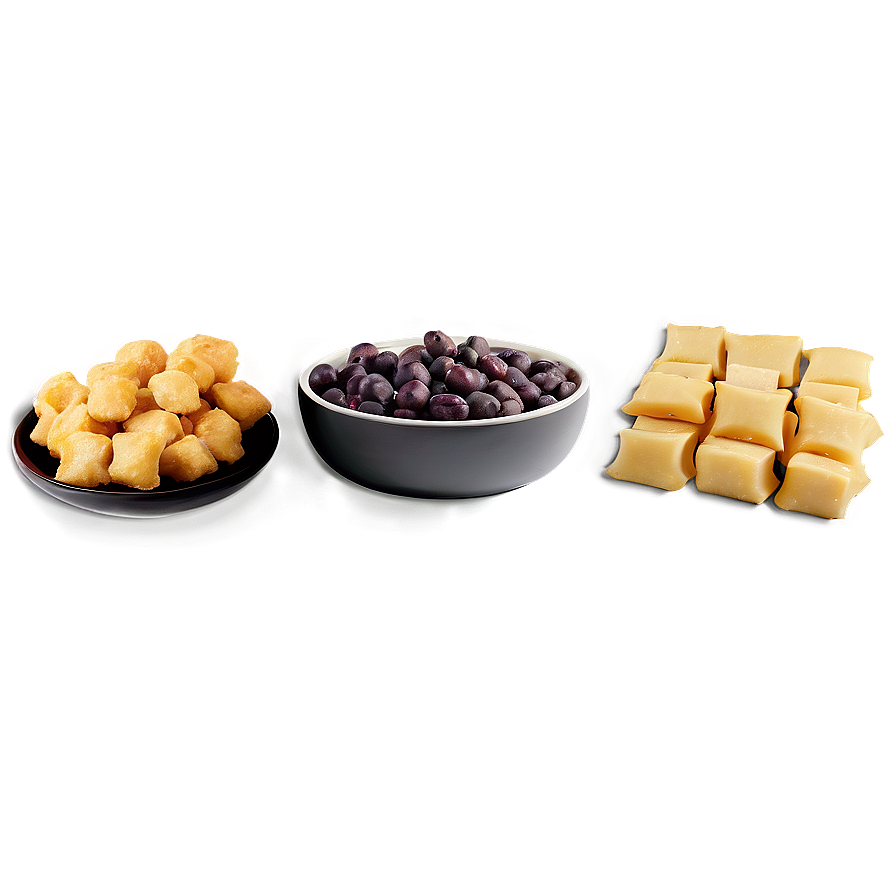 Three appetizers arranged on a warm gradient background: fried nuggets olives and cheese cubes