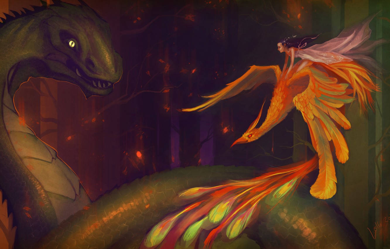 Snake Dragon And Phoenix Fire Wings Wallpaper
