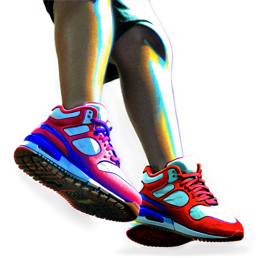 sneakerhead d PNG — A person's legs in vibrant red blue and white sneakers with glowing neon outlines against a soft gradient background.