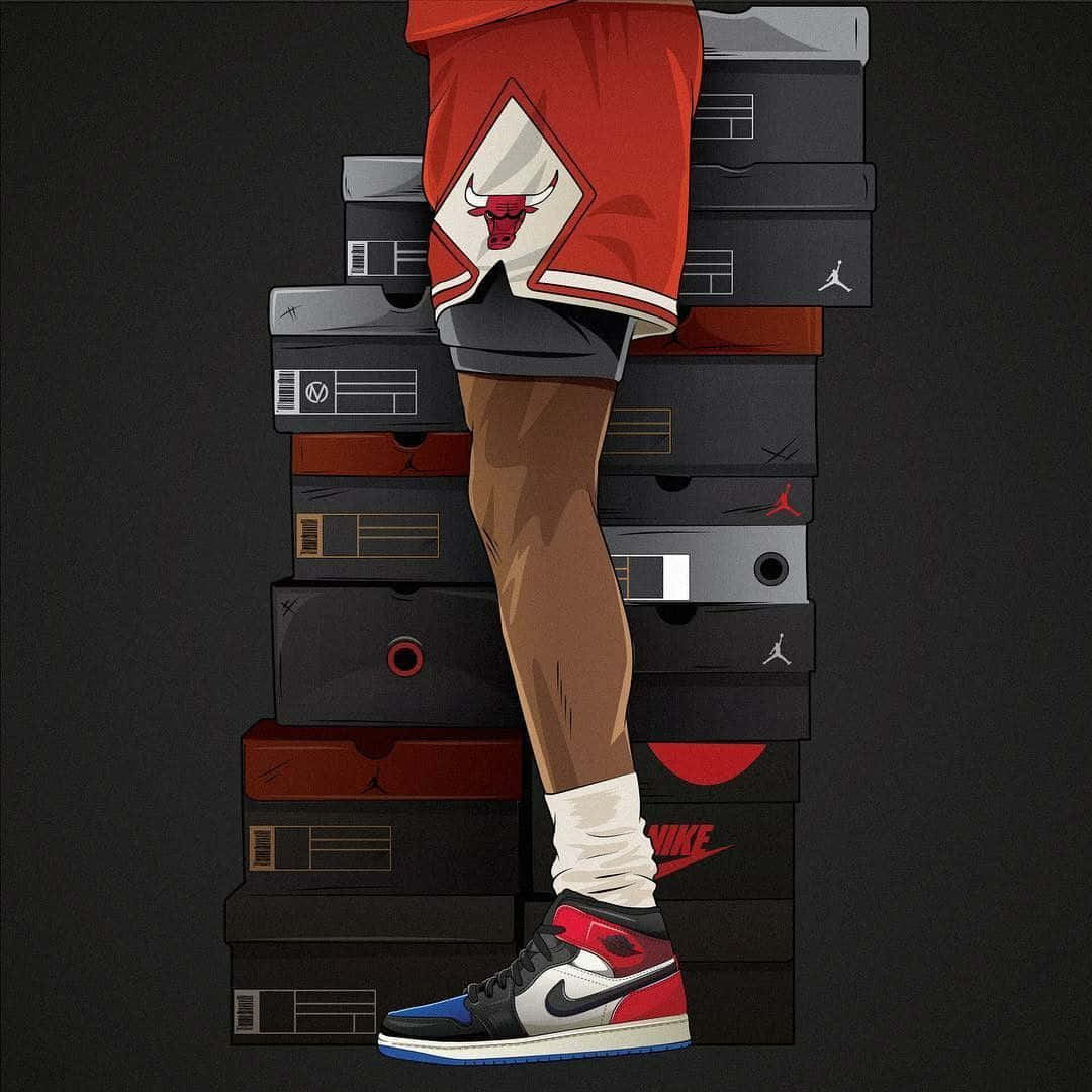 En mand står på toppen af en bunke af sko. Wallpaper