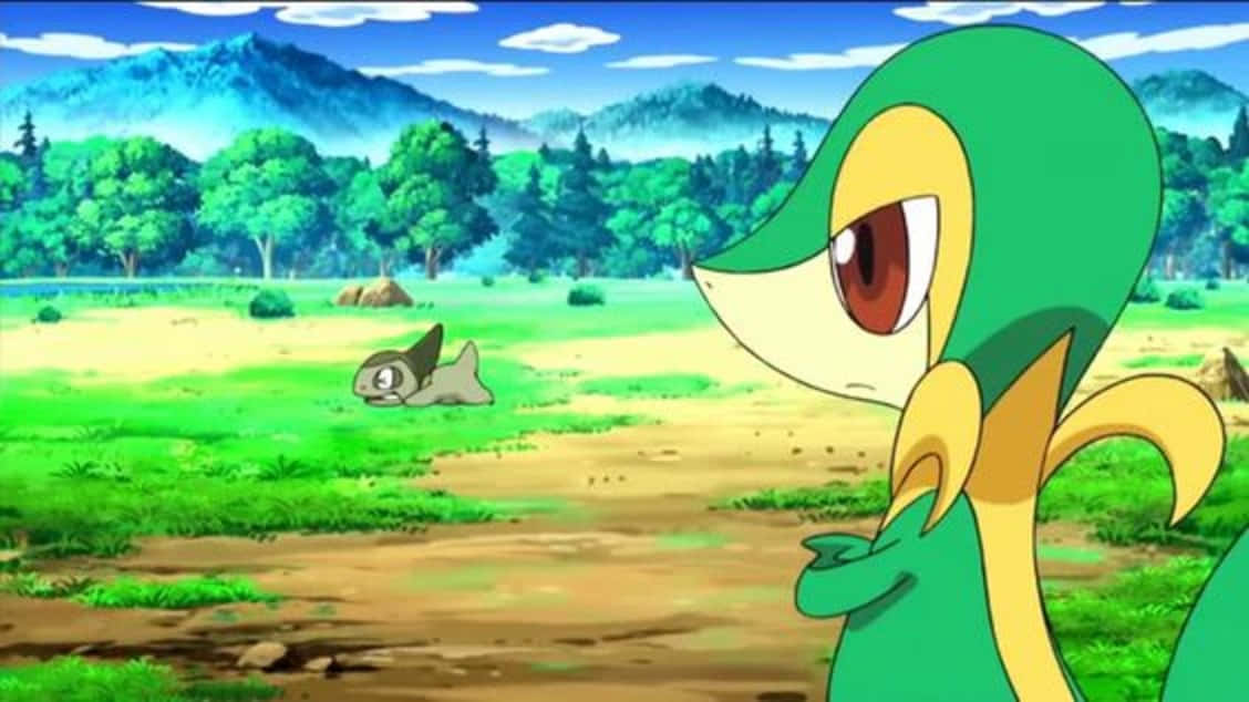 Snivysi Impegna Con Axew In Un'avventura Pokémon Sfondo