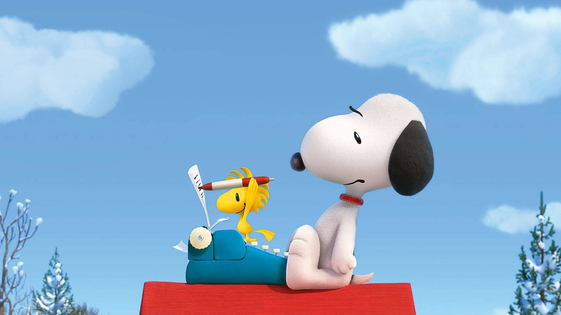 Snoopy og Woodstock skriver Peanuts filmen gennem et regnvejr. Wallpaper