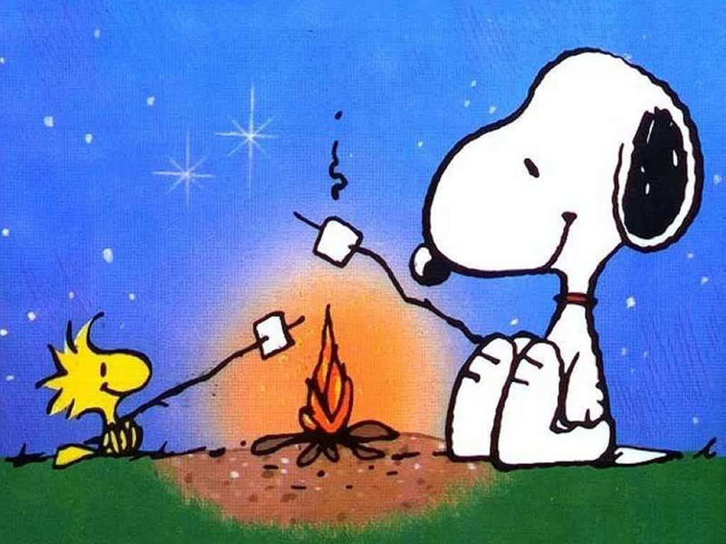 Snoopy Woodstock Campfire Marshmallow Roasting Wallpaper
