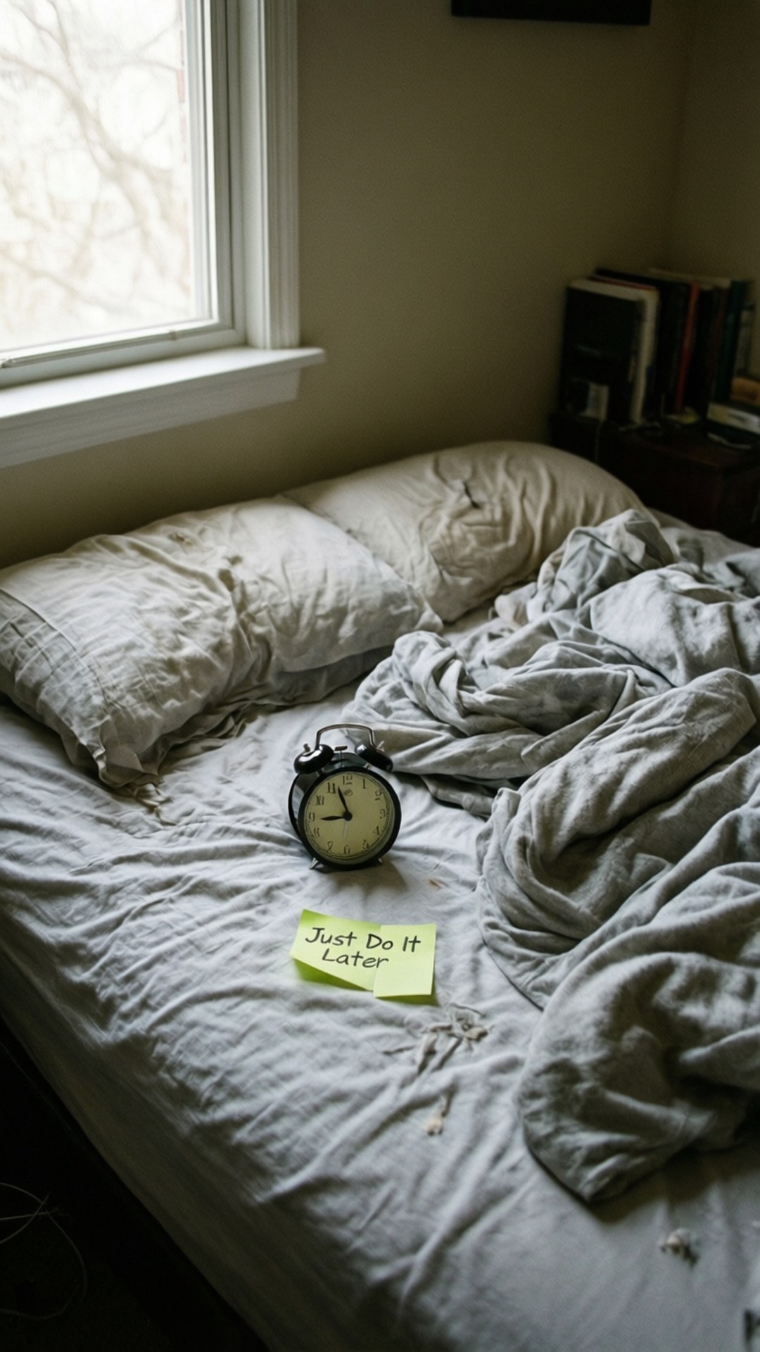 Messy bed with sticky note 'Just Do It Later'.