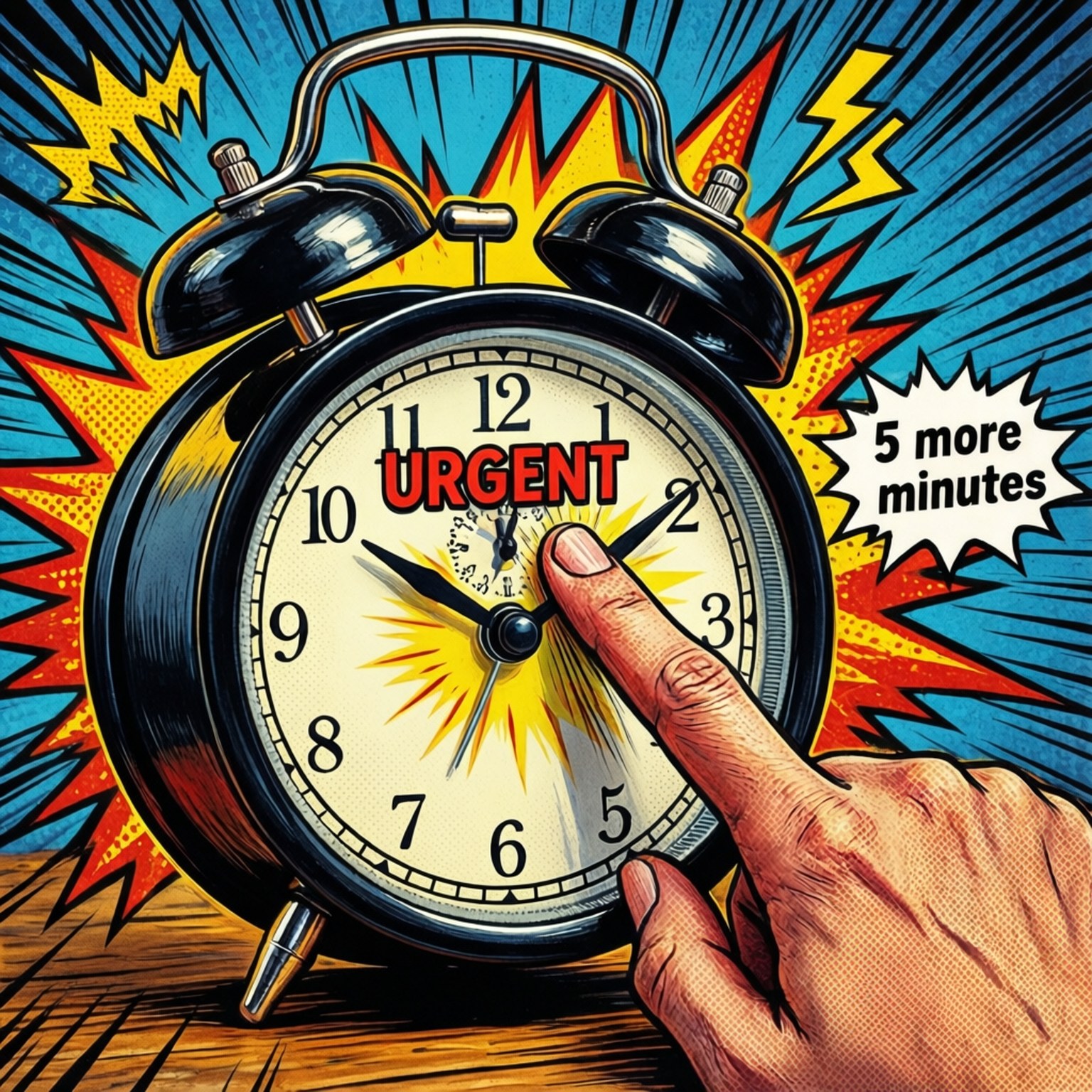 Pop art comic of hitting snooze on urgency