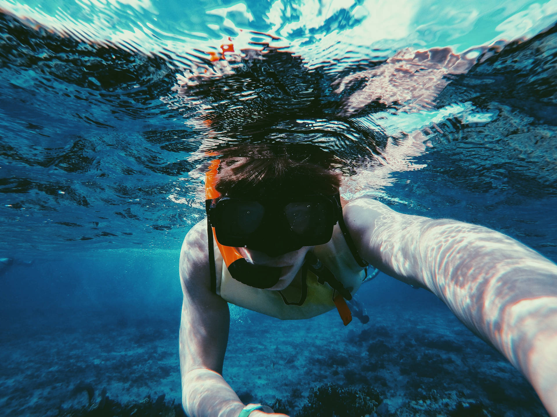 Snorkeling Selfie Vicino Alle Barriere Coralline Sfondo