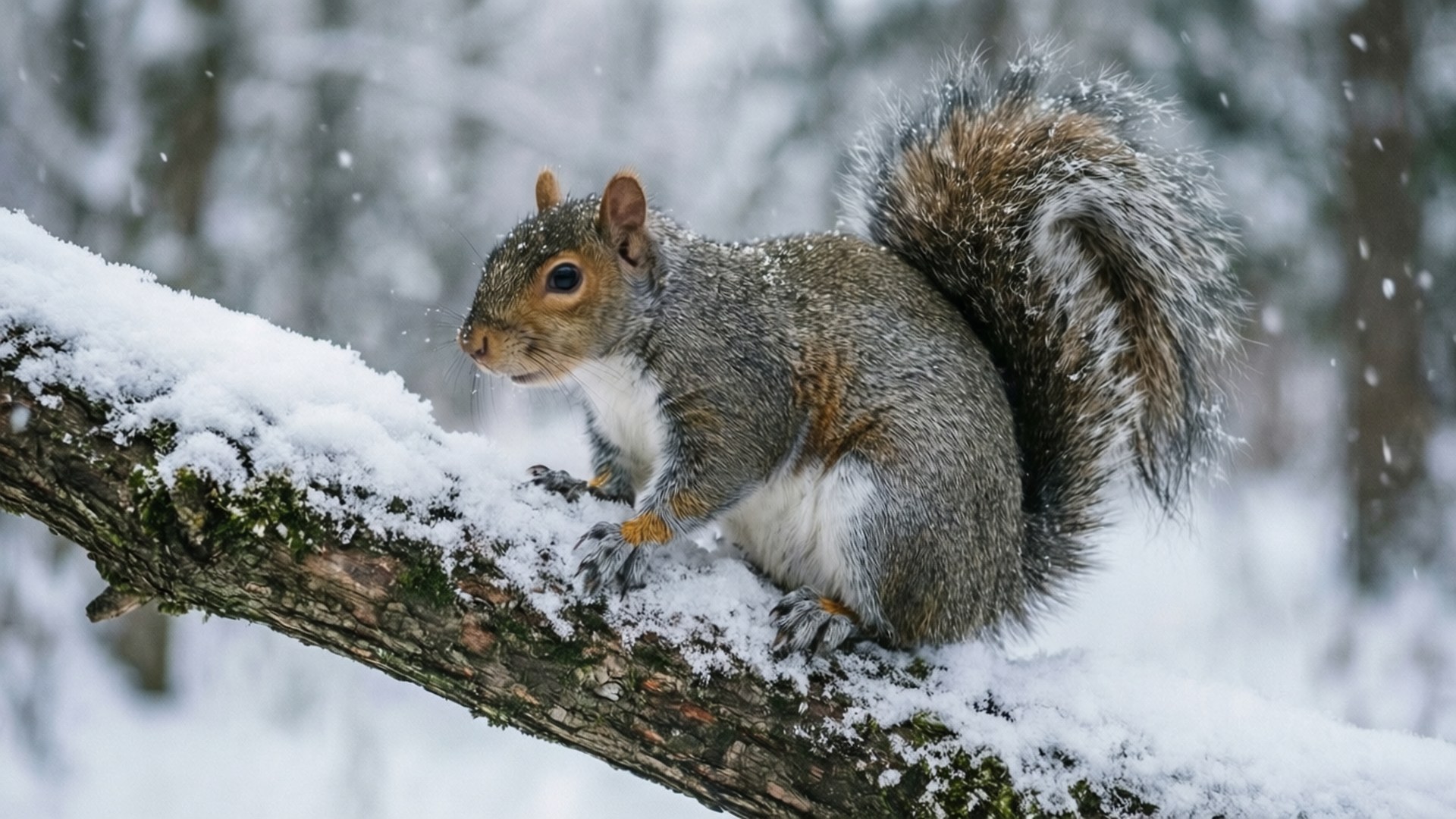 Snowy Branch Wallpaper — A gray squirrel with a bushy tail perches alertly on a snow-dusted tree branch in a winter forest.