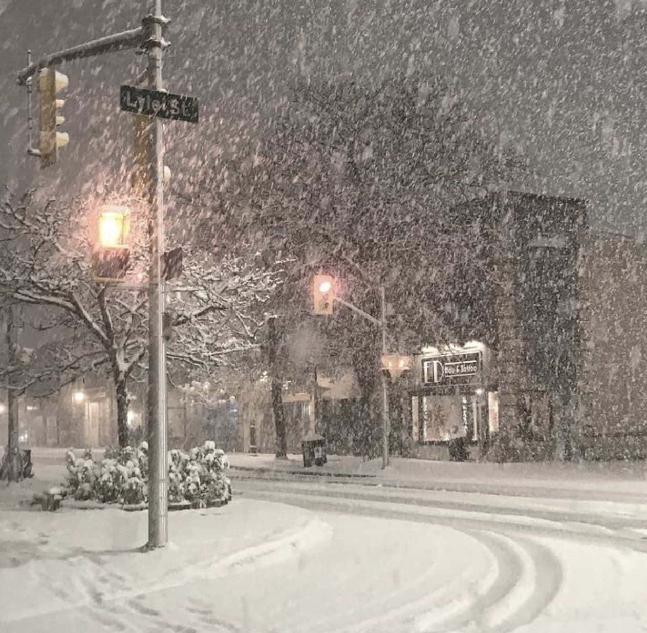 Einemit Schnee Bedeckte Straße Mit Einer Straßenlaterne