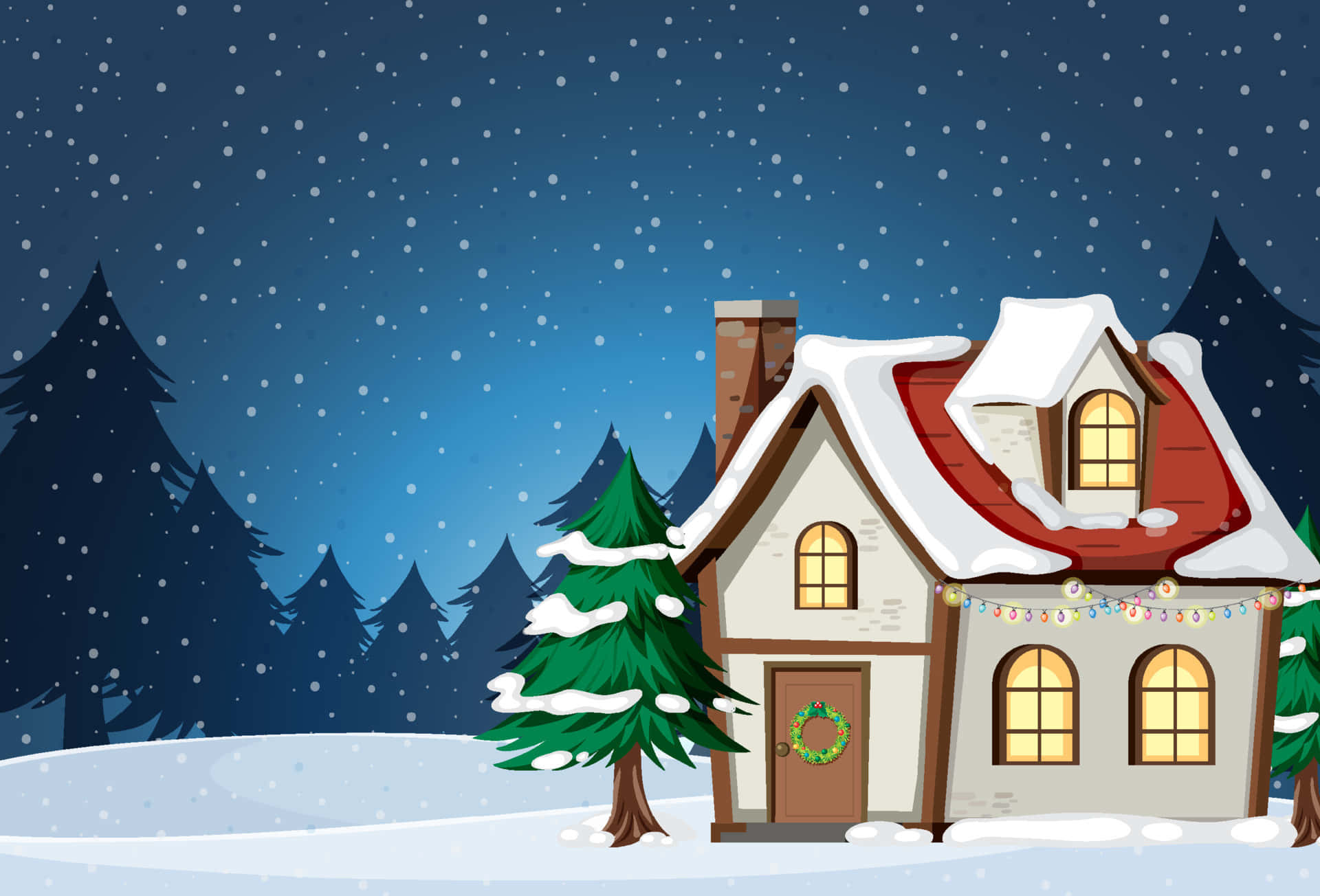 Fondode Pantalla De Una Casa En La Nieve Azul Durante La Navidad.