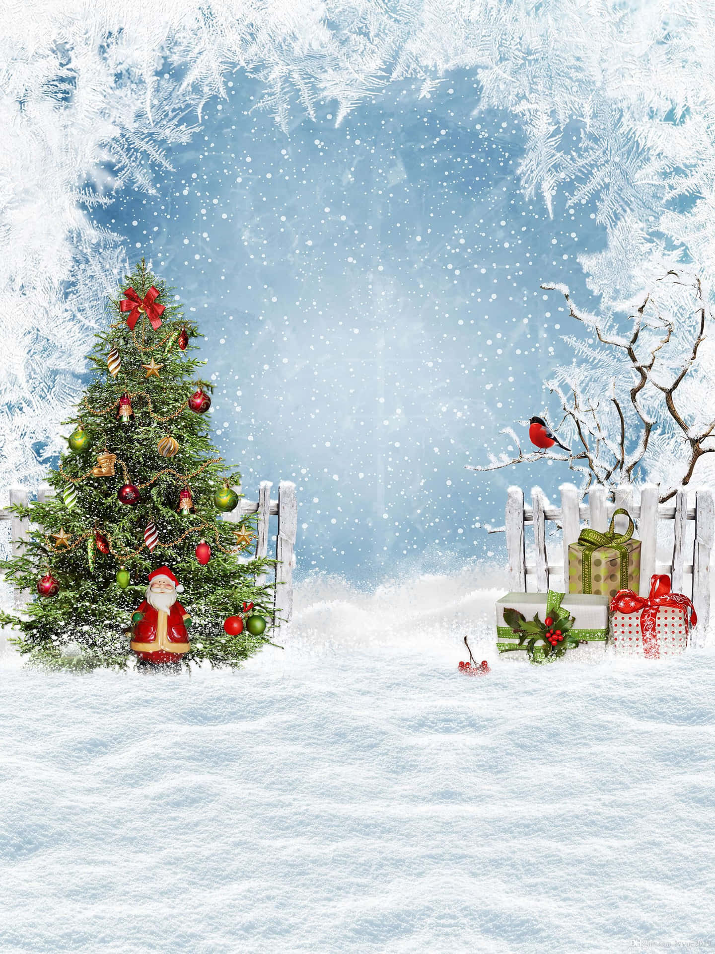 Gifts And Tree In Snow Christmas Background