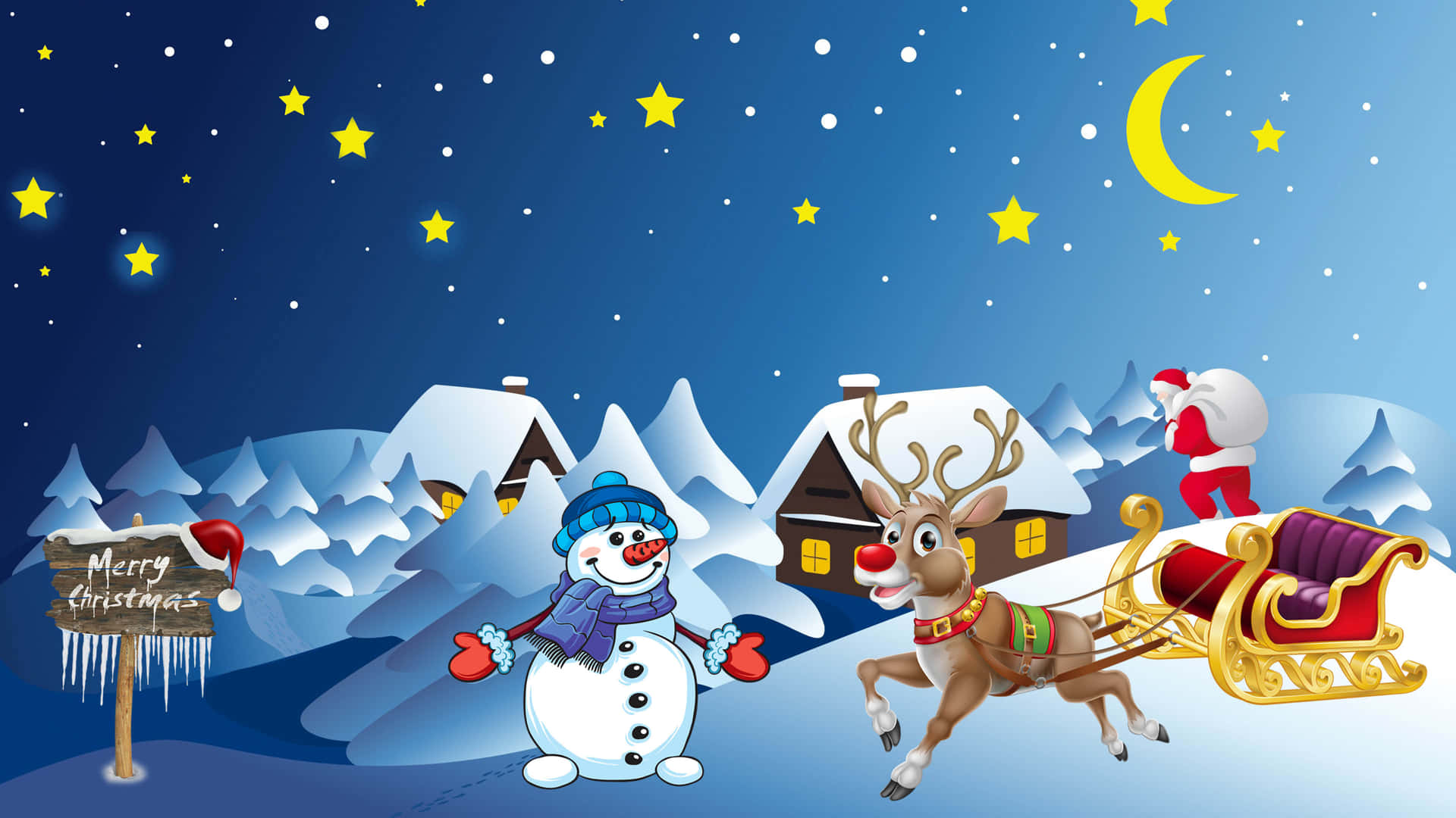 Snowman And Rudolph Snow Christmas Digital Art Background