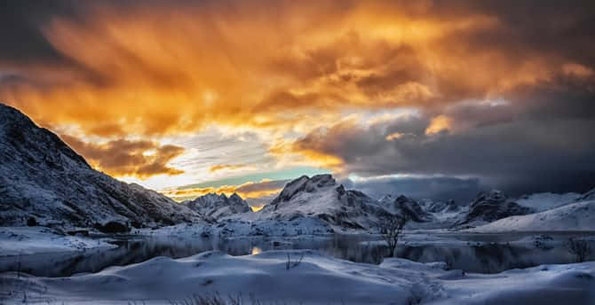 Snow Covered Mountains Sunset Under Cloudy Sky Wallpaper